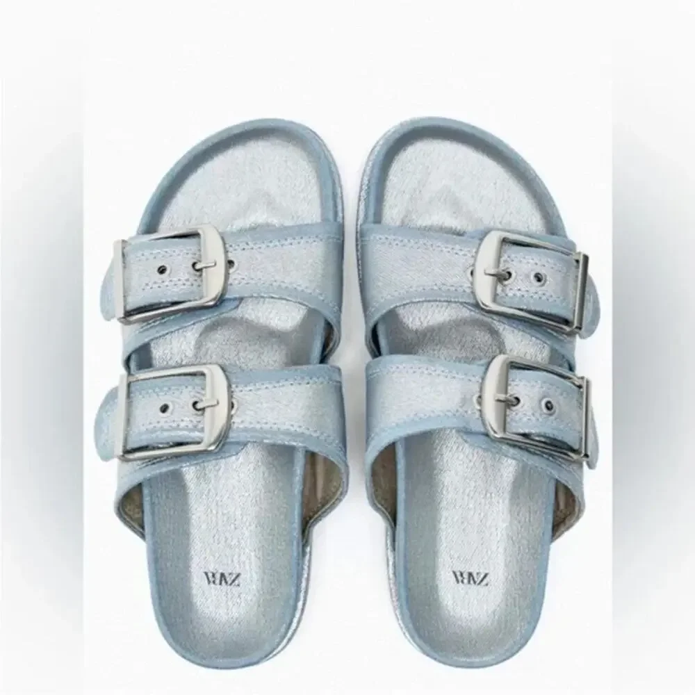 Zara Metallic Light Blue Double Buckle Slide Sandals - Picture 2 of 8